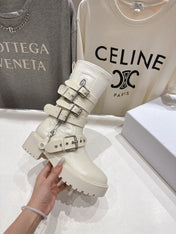 DIOR 25S BIKER BOOTS IN CREAM WHITE CALFSKIN WITH SILVER HARDWARE