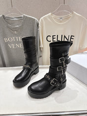 DIOR 25S BIKER BOOTS IN BLACK CALFSKIN WITH SILVER HARDWARE
