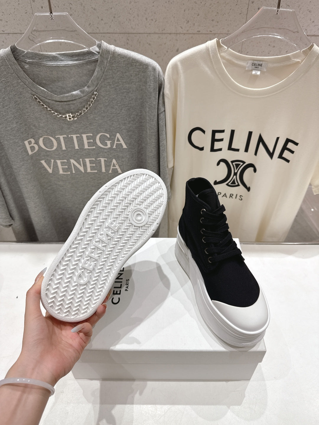 CELINE 26S BOOTS IN WHITE AND BLACK CANVAS