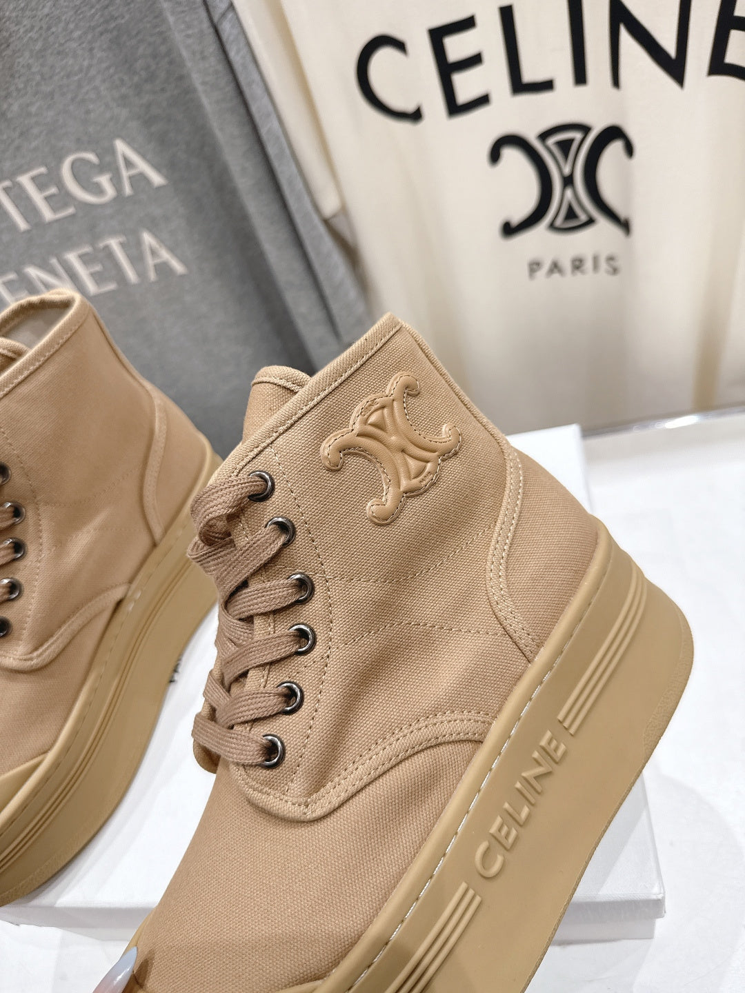 CELINE 26S BOOTS IN LIGHT CAMEL BEIGE CANVAS