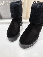 CELINE 26S FUR-TRIM ANKLE BOOTS IN BLACK SUEDE