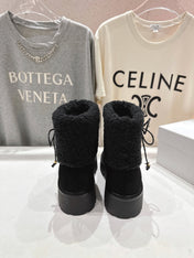 CELINE 26S FUR-TRIM ANKLE BOOTS IN BLACK SUEDE