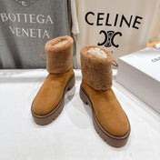 CELINE 26S FUR-TRIM ANKLE BOOTS IN BROWN SUEDE