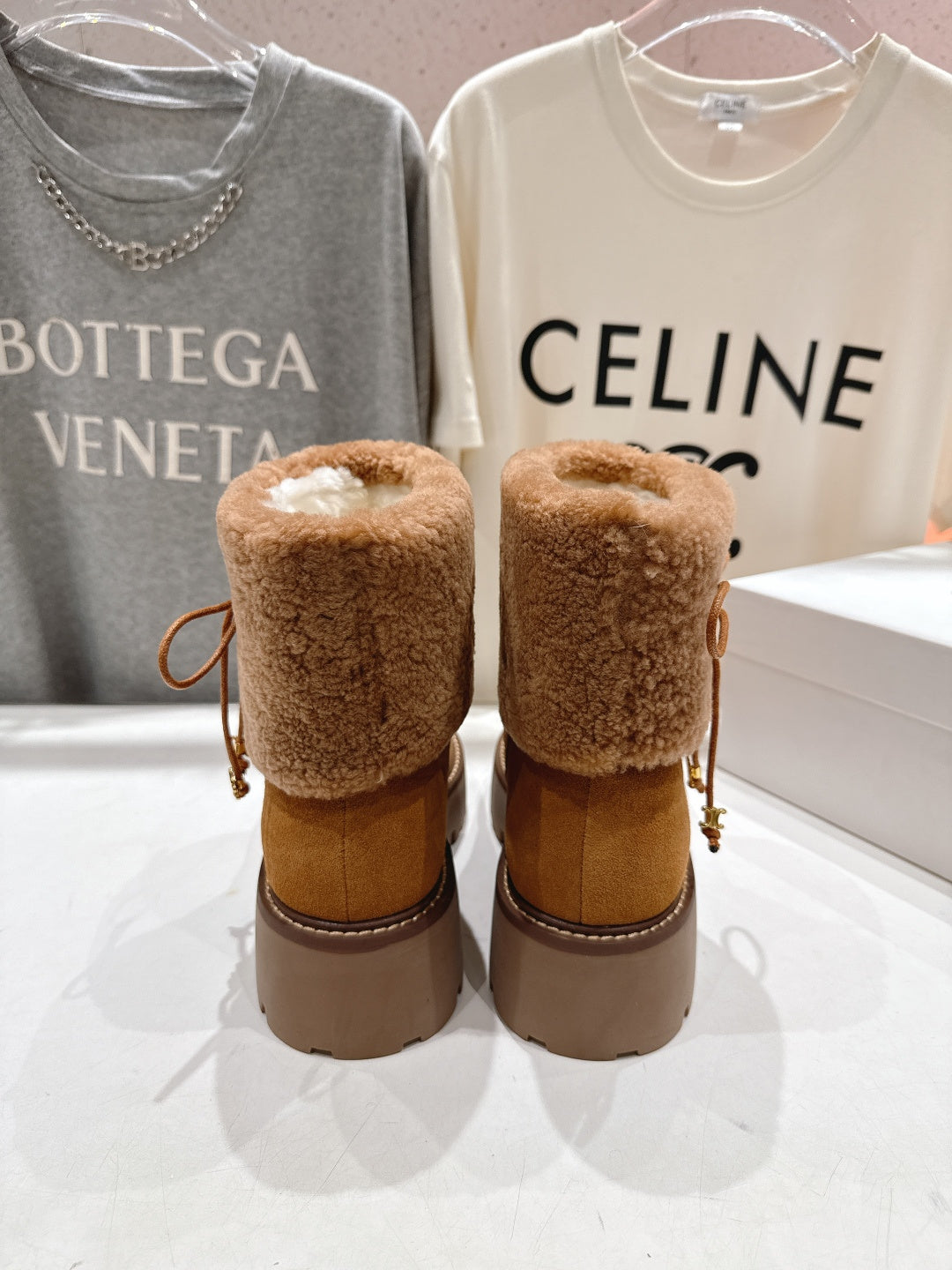 CELINE 26S FUR-TRIM ANKLE BOOTS IN BROWN SUEDE