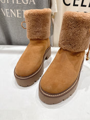 CELINE 26S FUR-TRIM ANKLE BOOTS IN BROWN SUEDE