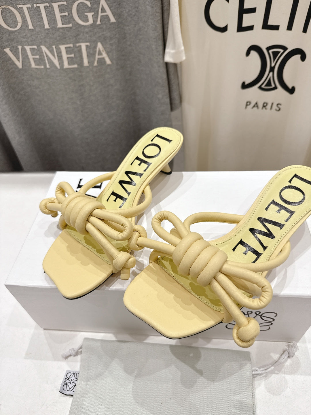 LOEWE 26S KITTEN HEEL KNOT SANDALS IN BUTTER YELLOW CALFSKIN