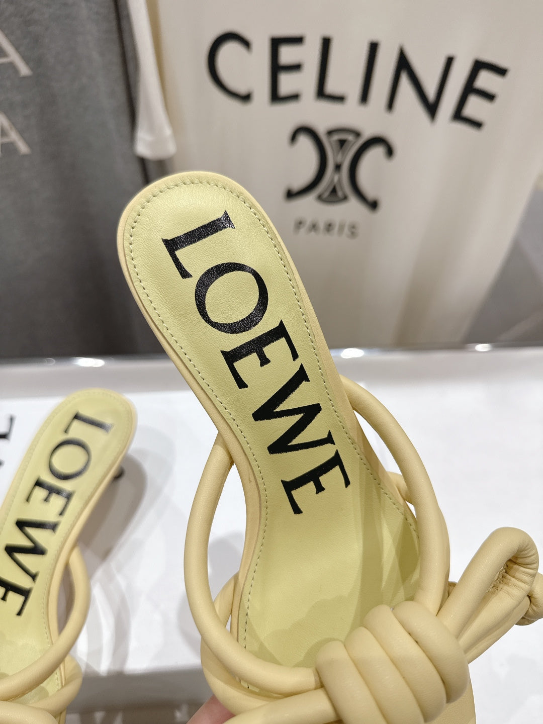 LOEWE 26S KITTEN HEEL KNOT SANDALS IN BUTTER YELLOW CALFSKIN