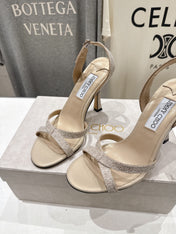 JIMMY CHOO 26S HIGH-HEELED SANDALS 100 MM IN LIGHT BEIGE GLITTER FABRIC