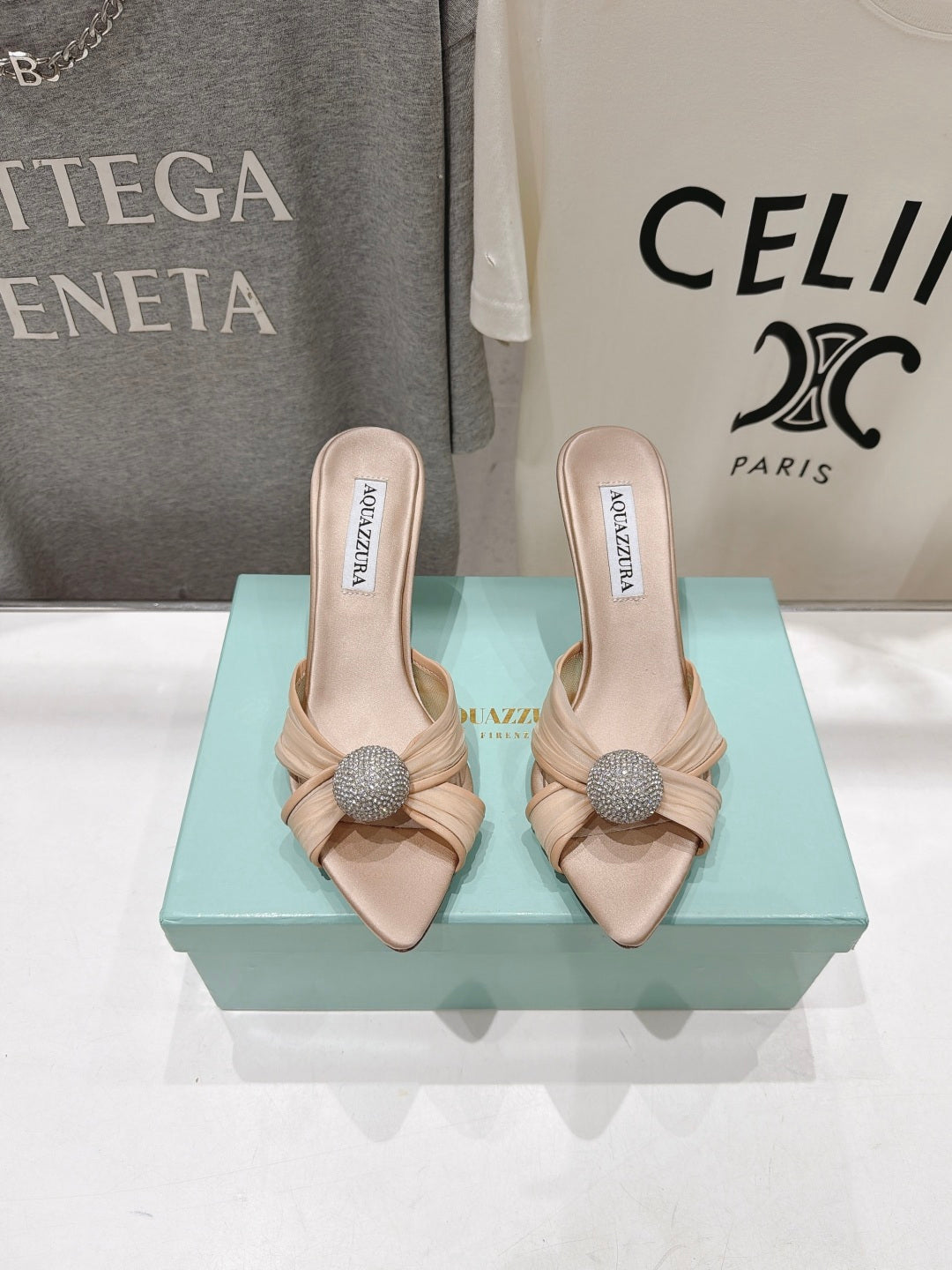 AQUAZZURA 26S HEEL SANDALS 80 MM IN BEIGE SATIN CRYSTAL-EMBELLISHED SPHERE