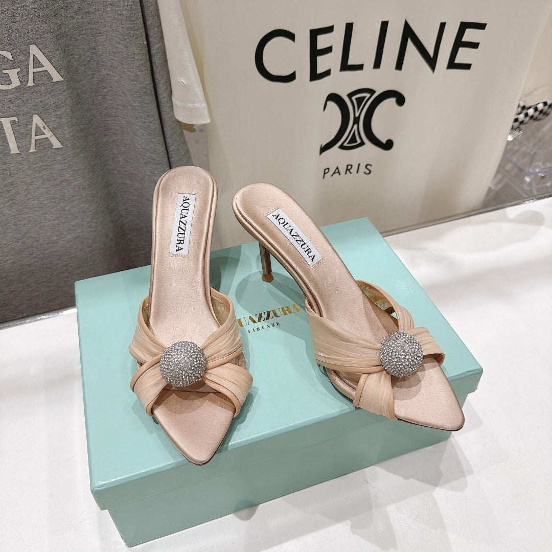 AQUAZZURA 26S HEEL SANDALS 80 MM IN BEIGE SATIN CRYSTAL-EMBELLISHED SPHERE