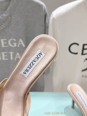 AQUAZZURA 26S HEEL SANDALS 80 MM IN BEIGE SATIN CRYSTAL-EMBELLISHED SPHERE