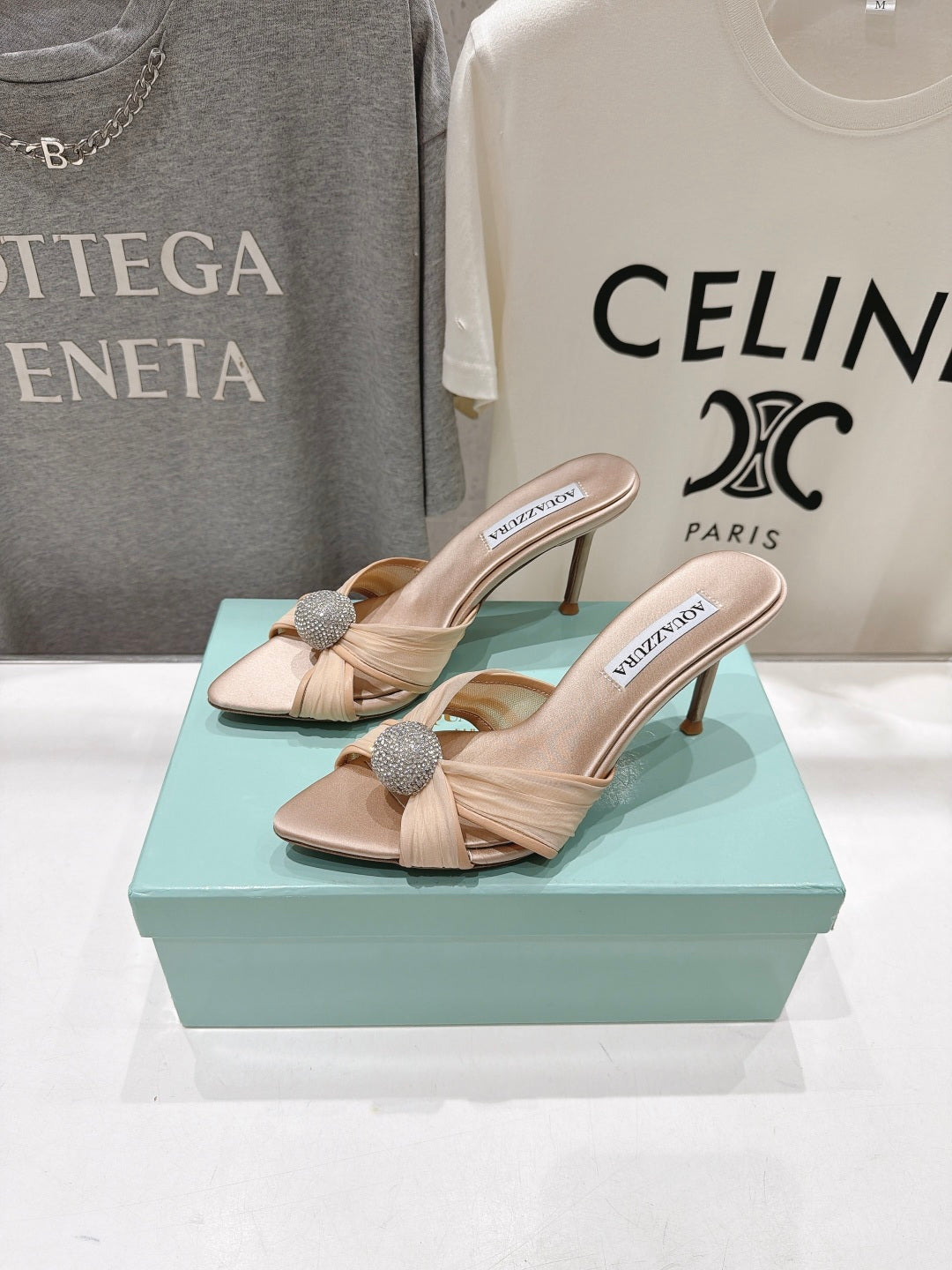 AQUAZZURA 26S HEEL SANDALS 80 MM IN BEIGE SATIN CRYSTAL-EMBELLISHED SPHERE
