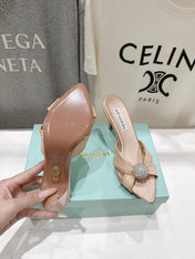 AQUAZZURA 26S HEEL SANDALS 80 MM IN BEIGE SATIN CRYSTAL-EMBELLISHED SPHERE