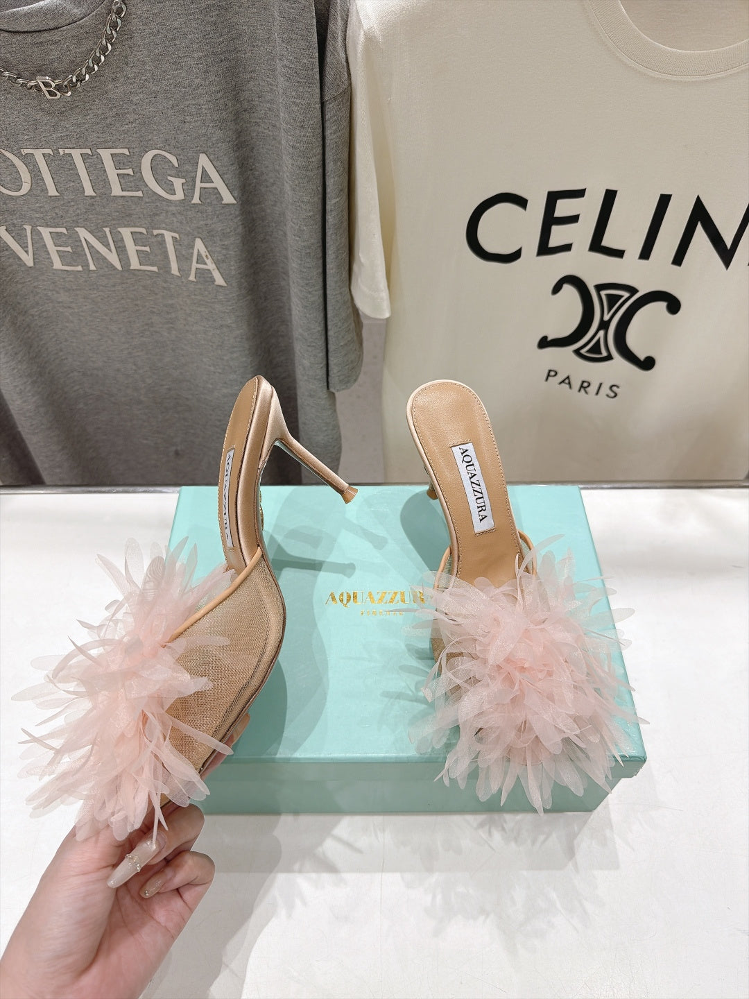 AQUAZZURA 26S BOUQUET HEELED SANDALS 80 MM IN BEIGE SATIN & CALFSKIN