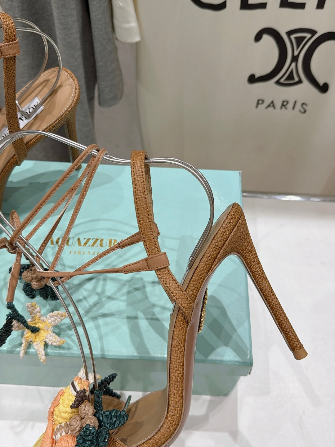 AQUAZZURA 26S FLORAL APPLIQUE SANDALS 100 MM IN BROWN WOVEN FABRIC