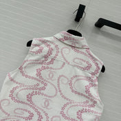 CC 25 Printed Denim Vest Jacket Pink White Cotton