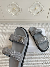 LV TWO-STRAP SANDALS 25S IN GREY DENIM AND CALFSKIN  WITH SILVER HARDWARE