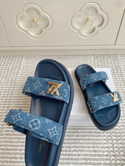 LV TWO-STRAP SANDALS 25S IN BLUE DENIM AND CALFSKIN WITH GOLD HARDWARE
