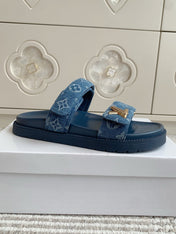 LV TWO-STRAP SANDALS 25S IN BLUE DENIM AND CALFSKIN WITH GOLD HARDWARE