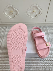 LV SANDALS 25S IN LIGHT PINK DENIM AND CALFSKIN WITH GOLD HARDWARE