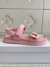 LV SANDALS 25S IN LIGHT PINK DENIM AND CALFSKIN WITH GOLD HARDWARE