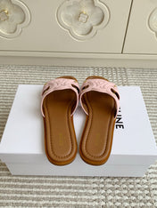 CELINE 26S TRIOMPHE SLIDE SANDALS IN LIGHT PINK CALFSKIN WITH TAN BROWN FOOTBED