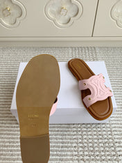 CELINE 26S TRIOMPHE SLIDE SANDALS IN LIGHT PINK CALFSKIN WITH TAN BROWN FOOTBED