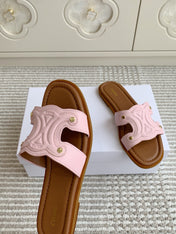CELINE 26S TRIOMPHE SLIDE SANDALS IN LIGHT PINK CALFSKIN WITH TAN BROWN FOOTBED