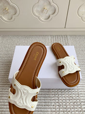 CELINE 26S TRIOMPHE SLIDE SANDALS IN IVORY WHITE CALFSKIN WITH TAN BROWN FOOTBED