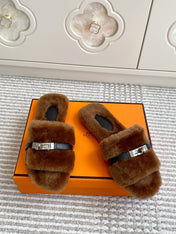 HM 25S GIULIA SANDAL IN BROWN SHEARLING WITH SILVER HARDWARE
