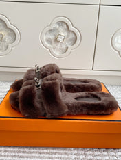 HM 25S ECLAIR SANDAL IN DARK BROWN SHEARLING WITH SILVER HARDWARE