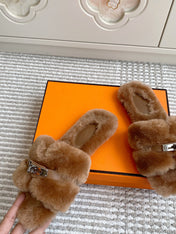 HM 25S ECLAIR SANDAL IN BROWN SHEARLING WITH SILVER HARDWARE
