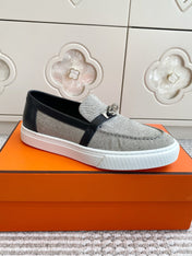 HM 25S SLIP-ON IN GREY CANVAS AND BLACK LAMBSKIN WITH SILVER HARDWARE