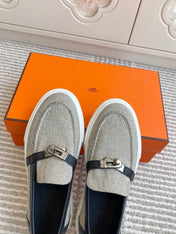 HM 25S SLIP-ON IN GREY CANVAS AND BLACK LAMBSKIN WITH SILVER HARDWARE