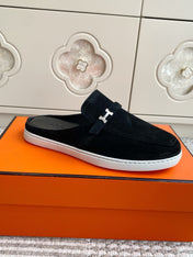 HM 25S MULES IN BLACK SUEDE WITH SILVER HARDWARE