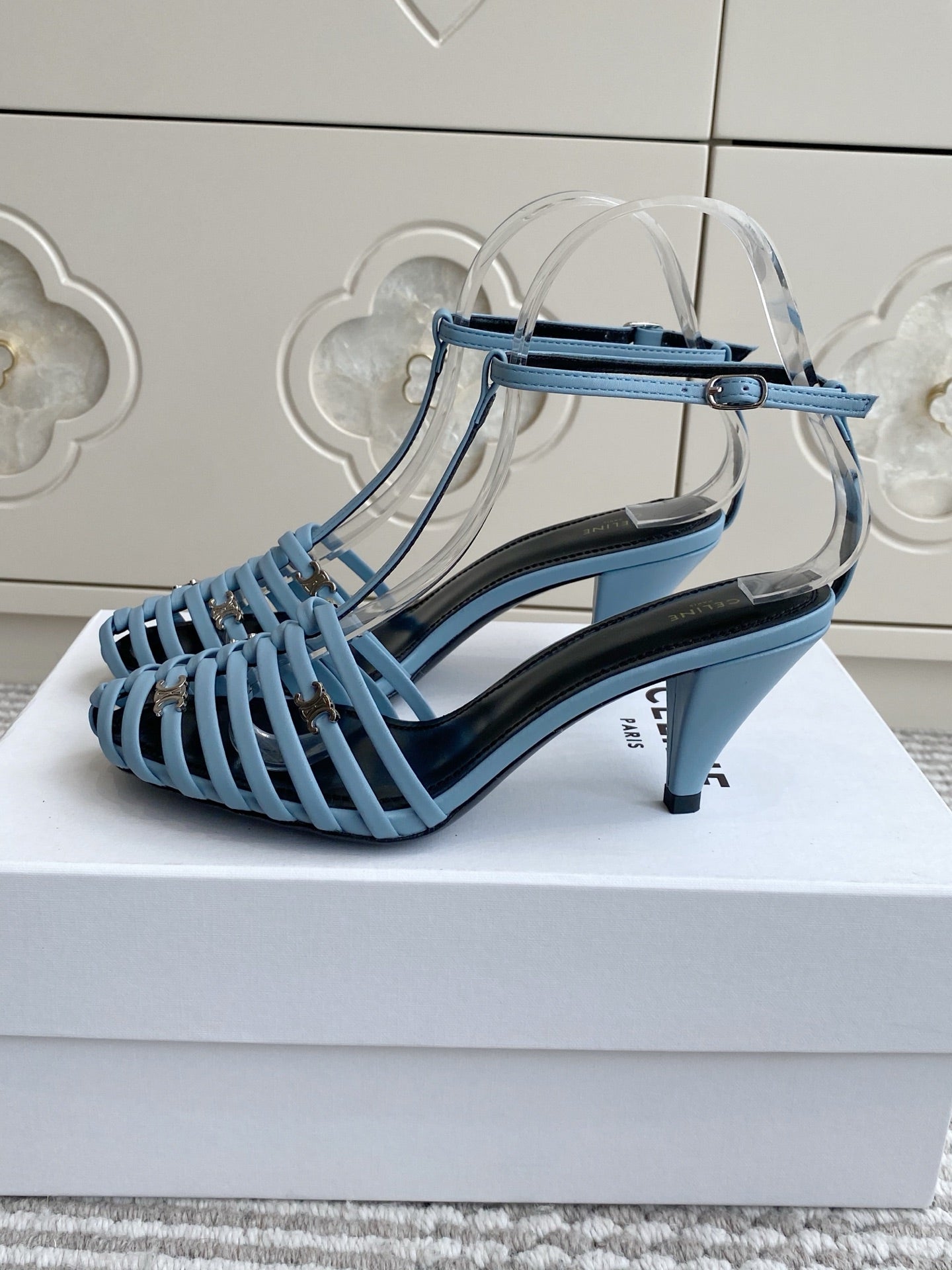 CELINE 26S CLEA TRIOMPHE GLADIATOR HEEL SANDALS 60 MM IN SKY BLUE LAMBSKIN