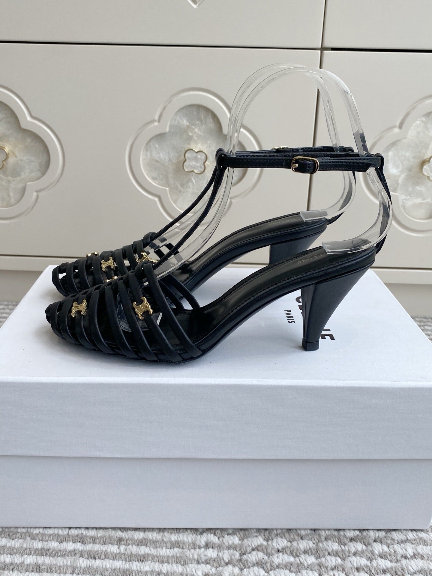 CELINE 26S CLEA TRIOMPHE GLADIATOR HEEL SANDALS 60 MM IN BLACK LAMBSKIN