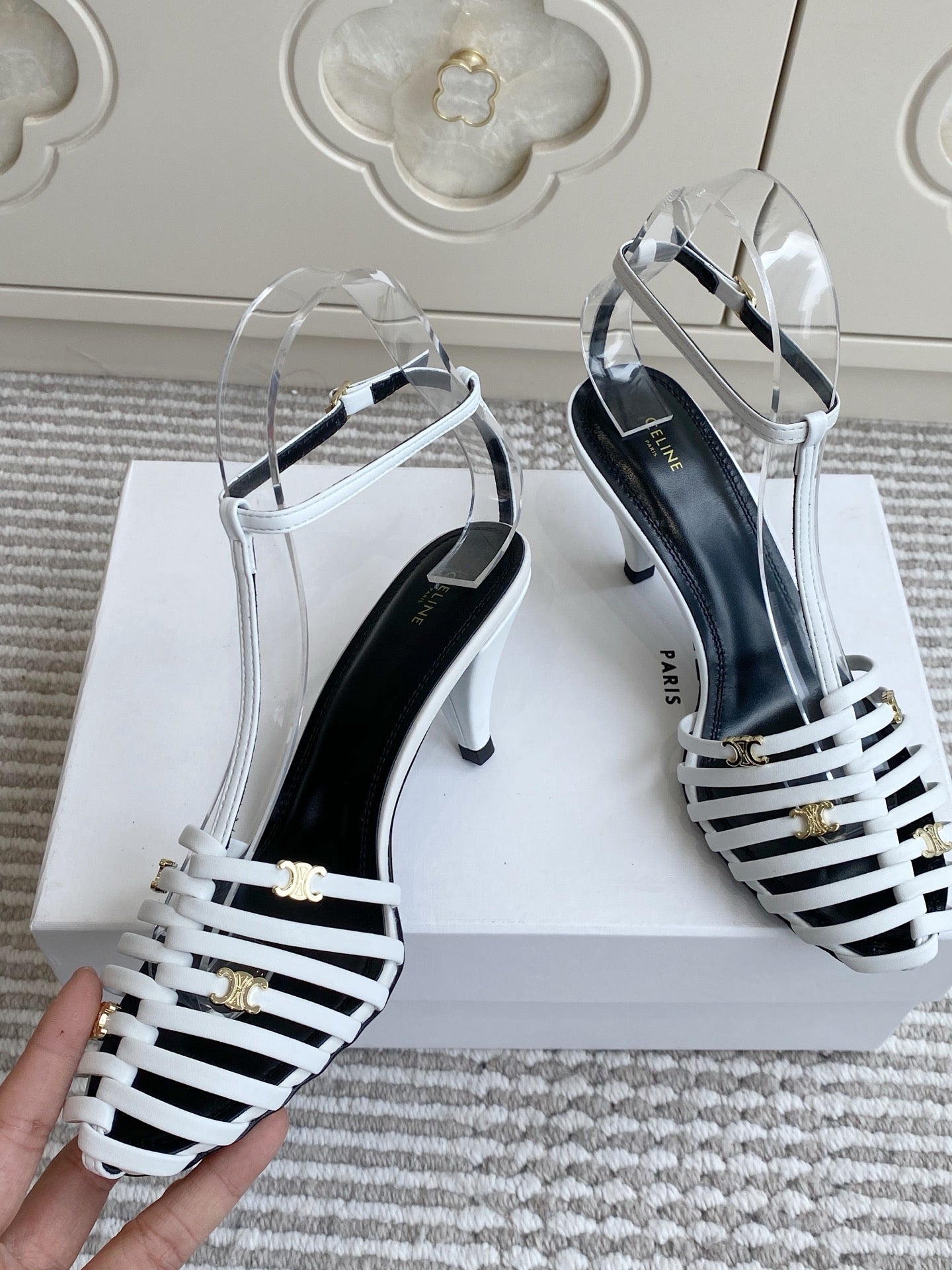 CELINE 26S CLEA TRIOMPHE GLADIATOR HEEL SANDALS 60 MM IN WHITE LAMBSKIN