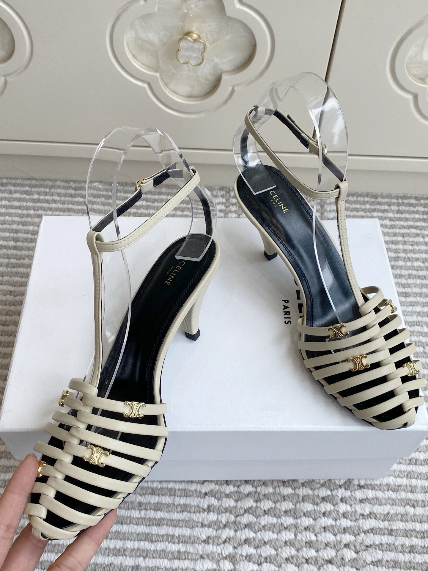 CELINE 26S CLEA TRIOMPHE GLADIATOR HEEL SANDALS 60 MM IN BEIGE LAMBSKIN