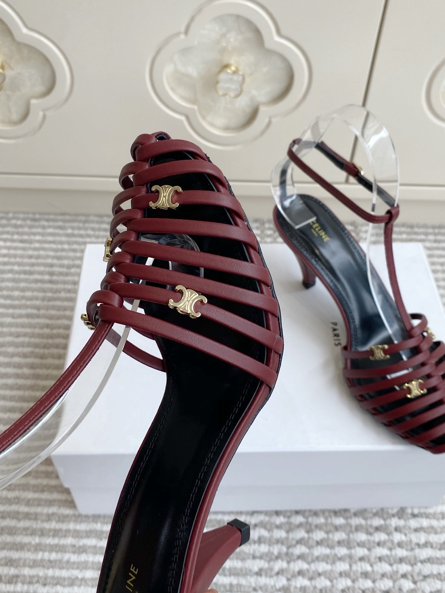 CELINE 26S CLEA TRIOMPHE GLADIATOR HEEL SANDALS 60 MM IN DARK RED LAMBSKIN