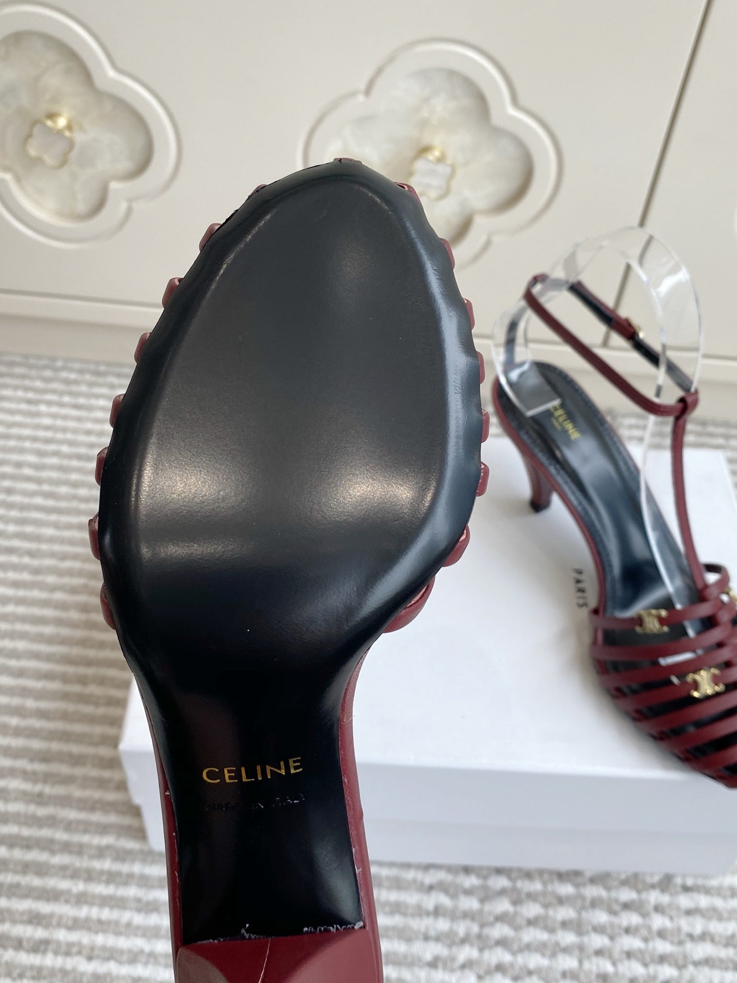 CELINE 26S CLEA TRIOMPHE GLADIATOR HEEL SANDALS 60 MM IN DARK RED LAMBSKIN