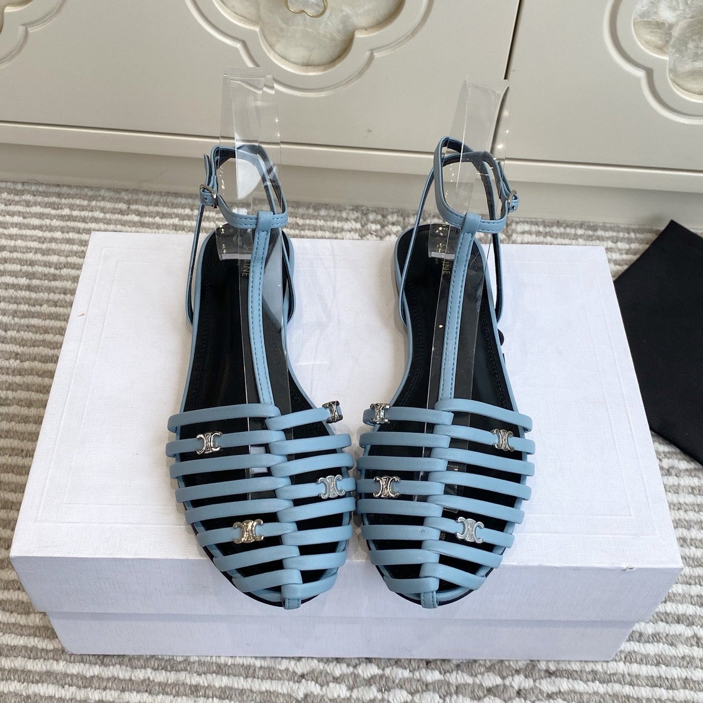 CELINE 26S CLEA TRIOMPHE GLADIATOR SANDALS IN SKY BLUE LAMBSKIN