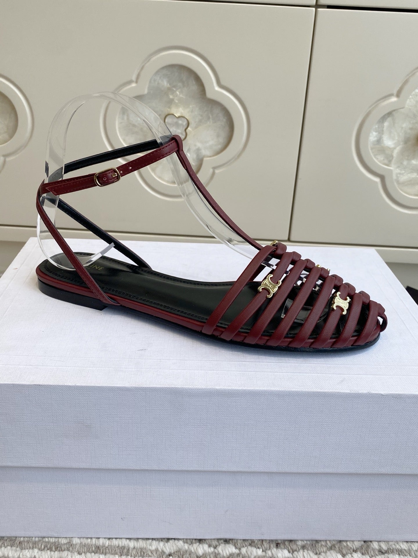 CELINE 26S CLEA TRIOMPHE GLADIATOR SANDALS IN DARK RED LAMBSKIN