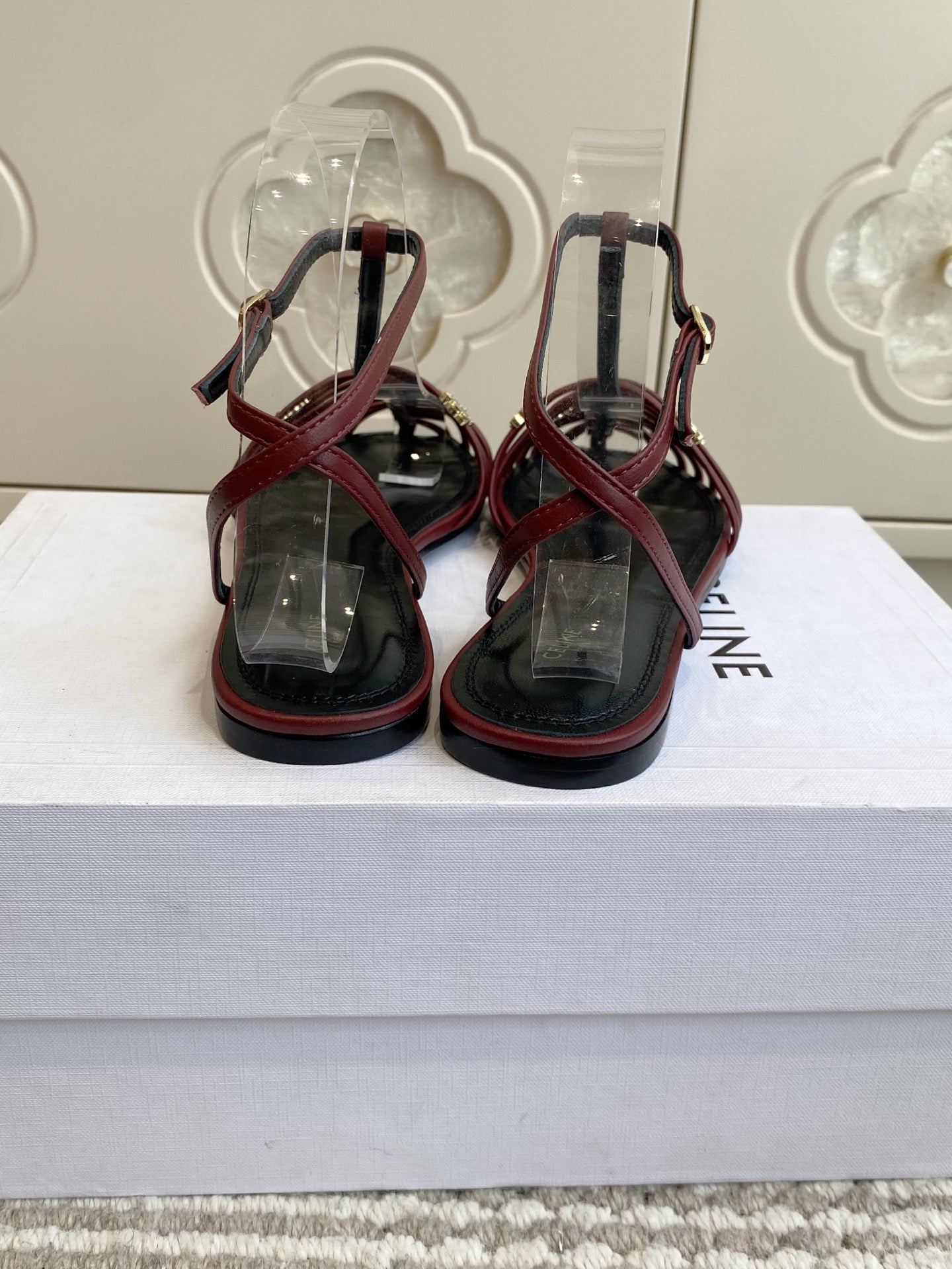 CELINE 26S CLEA TRIOMPHE GLADIATOR SANDALS IN DARK RED LAMBSKIN