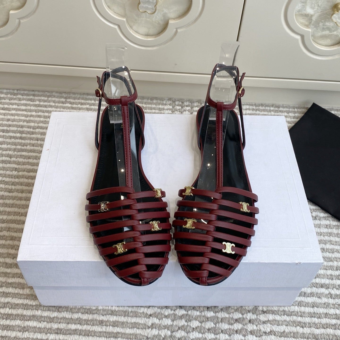 CELINE 26S CLEA TRIOMPHE GLADIATOR SANDALS IN DARK RED LAMBSKIN