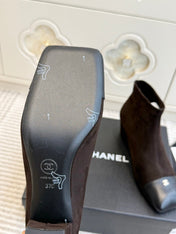 CHANEL 26S ANKLE BOOTS IN DARK BROWN SUEDE AND BLACK PATENT SQUARE TOE