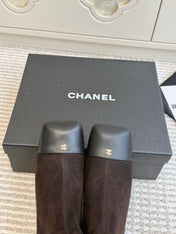 CHANEL 26S ANKLE BOOTS IN DARK BROWN SUEDE AND BLACK PATENT SQUARE TOE