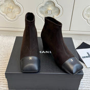 CHANEL 26S ANKLE BOOTS IN DARK BROWN SUEDE AND BLACK PATENT SQUARE TOE