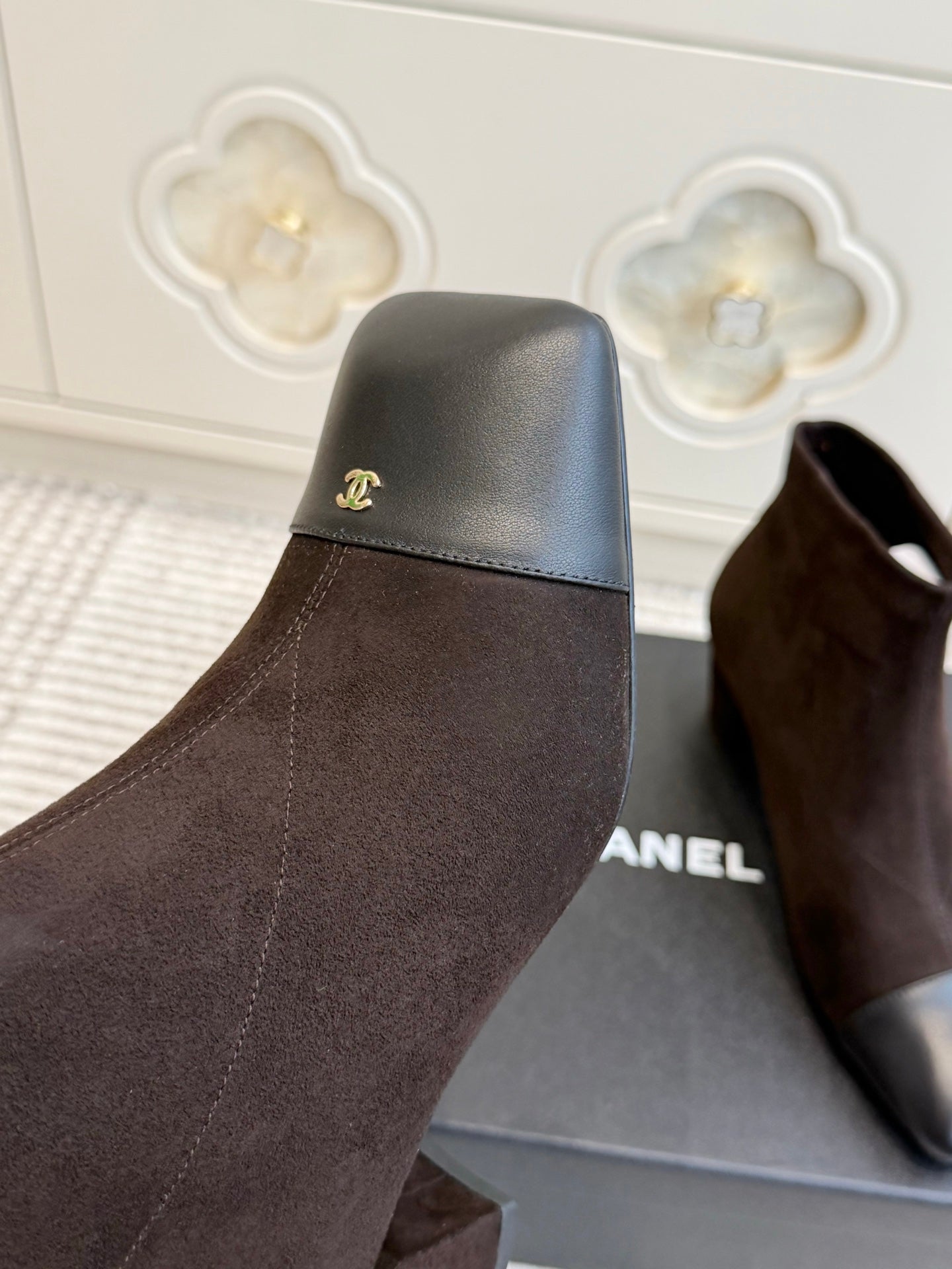 CHANEL 26S ANKLE BOOTS IN DARK BROWN SUEDE AND BLACK PATENT SQUARE TOE