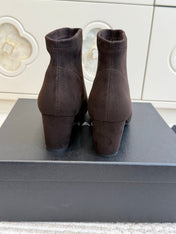 CHANEL 26S ANKLE BOOTS IN DARK BROWN SUEDE AND BLACK PATENT SQUARE TOE
